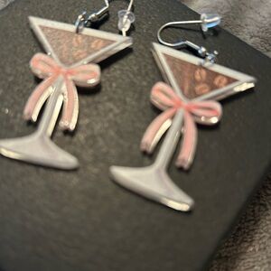 Chic espresso Martini Glass Earrings with Pink Bow